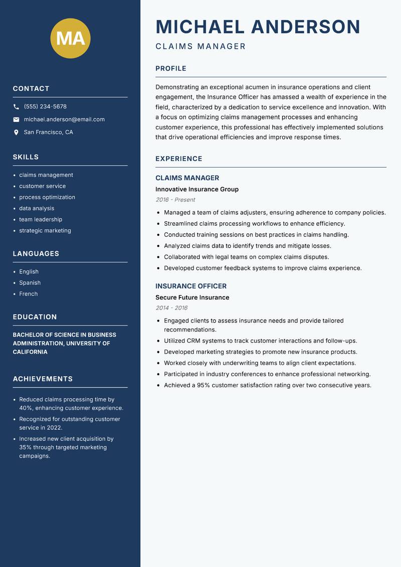Insurance Officer resume template — Classic Clean