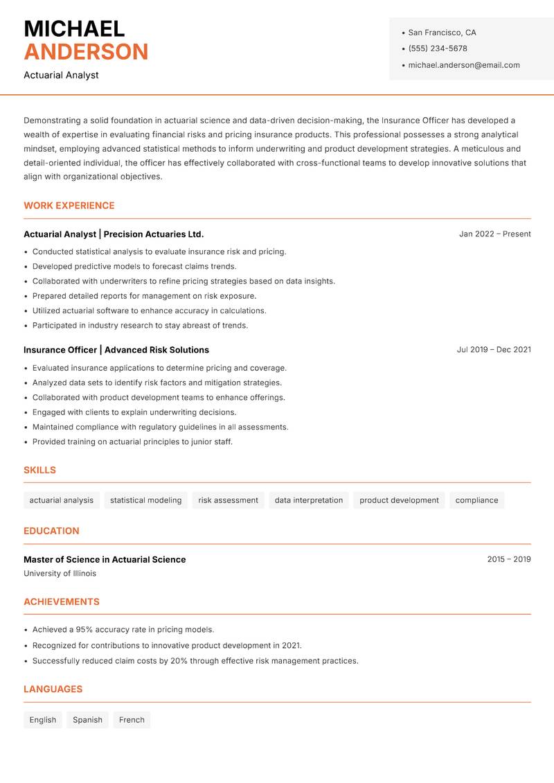 Insurance Officer resume template — Modern Professional