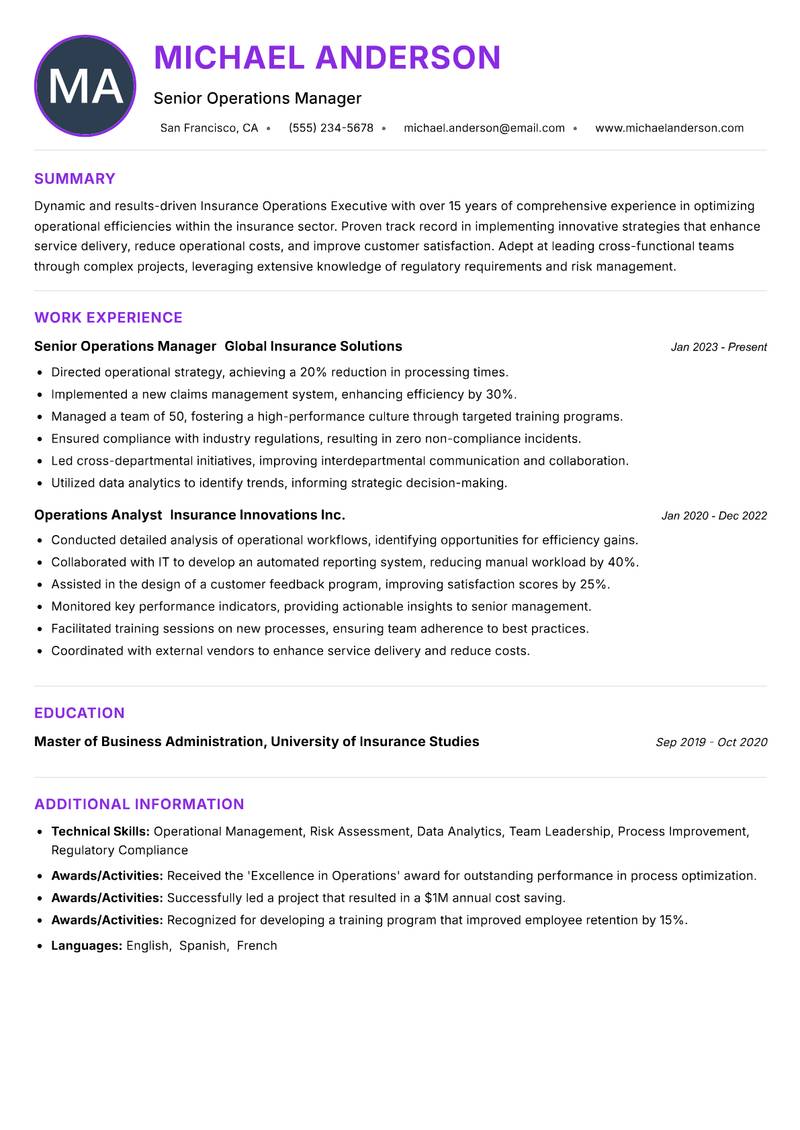 Insurance Operations Executive resume example — ATS-friendly template