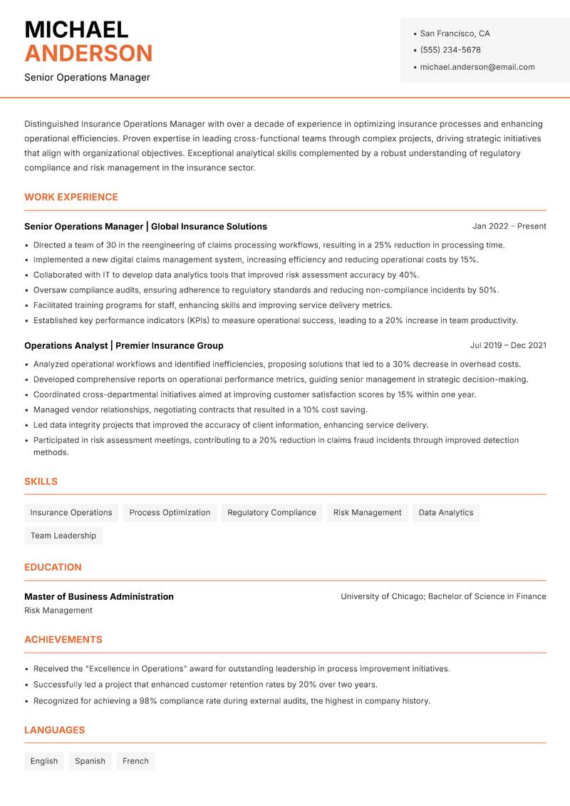 Insurance Operations Manager resume template — Modern Professional