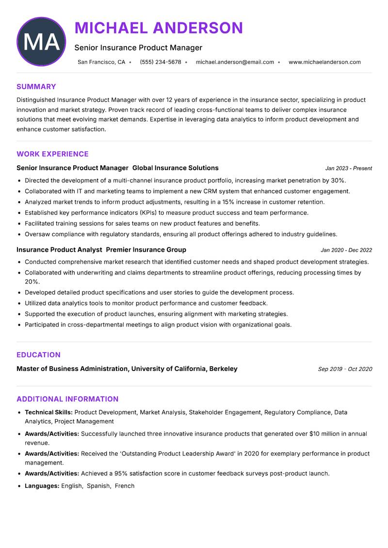 Insurance Product Manager resume example — ATS-friendly template