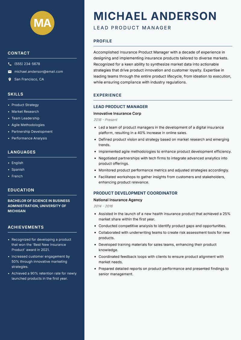 Insurance Product Manager resume template — Classic Clean
