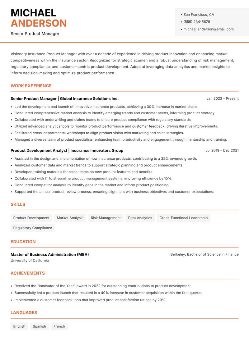 Insurance Product Manager resume template — Modern Professional