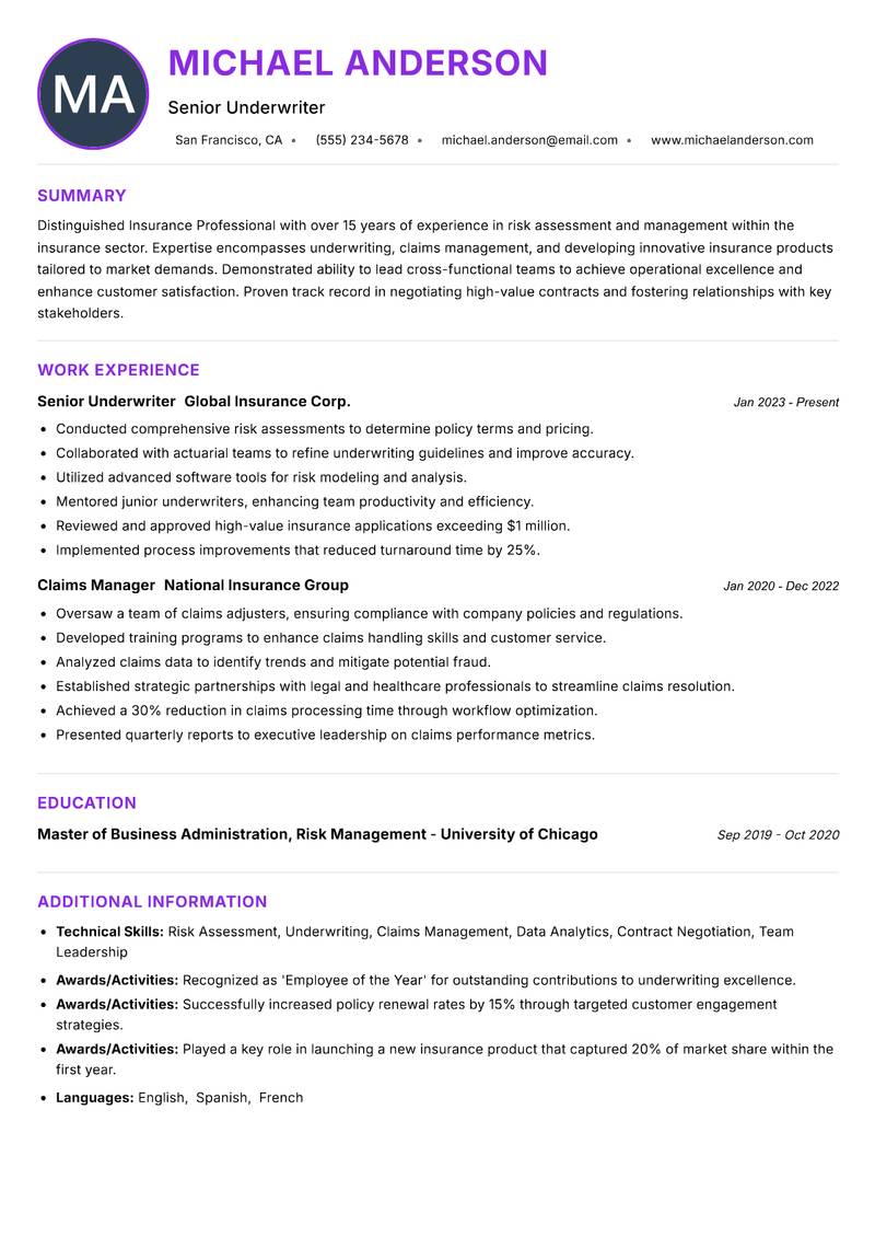 Insurance Professional resume example — ATS-friendly template
