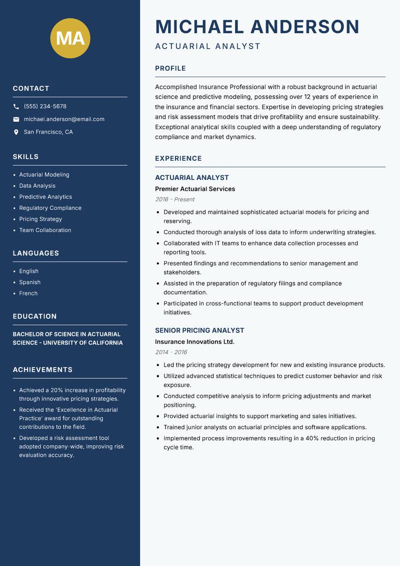 Insurance Professional resume template — Classic Clean