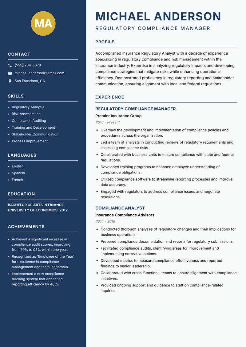 Insurance Regulatory Analyst resume template — Classic Clean