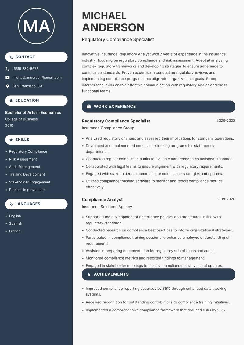 Insurance Regulatory Analyst resume template — Compact