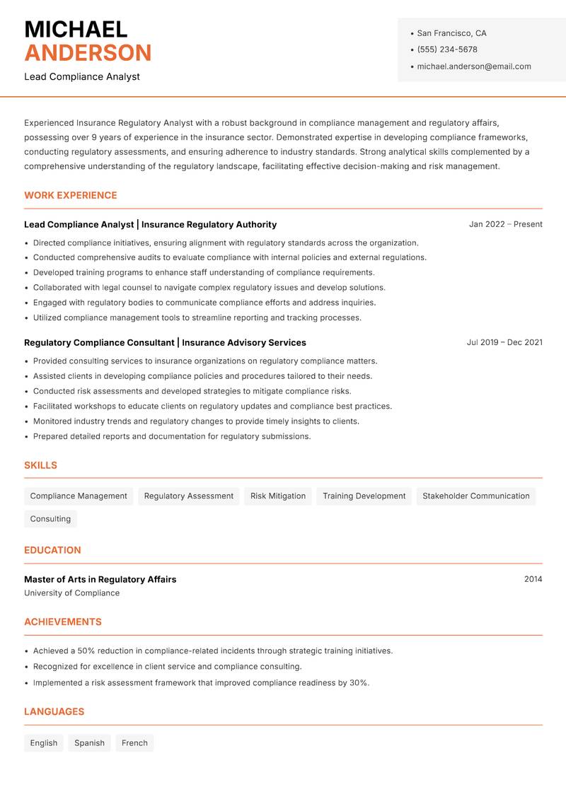 Insurance Regulatory Analyst resume template — Modern Professional