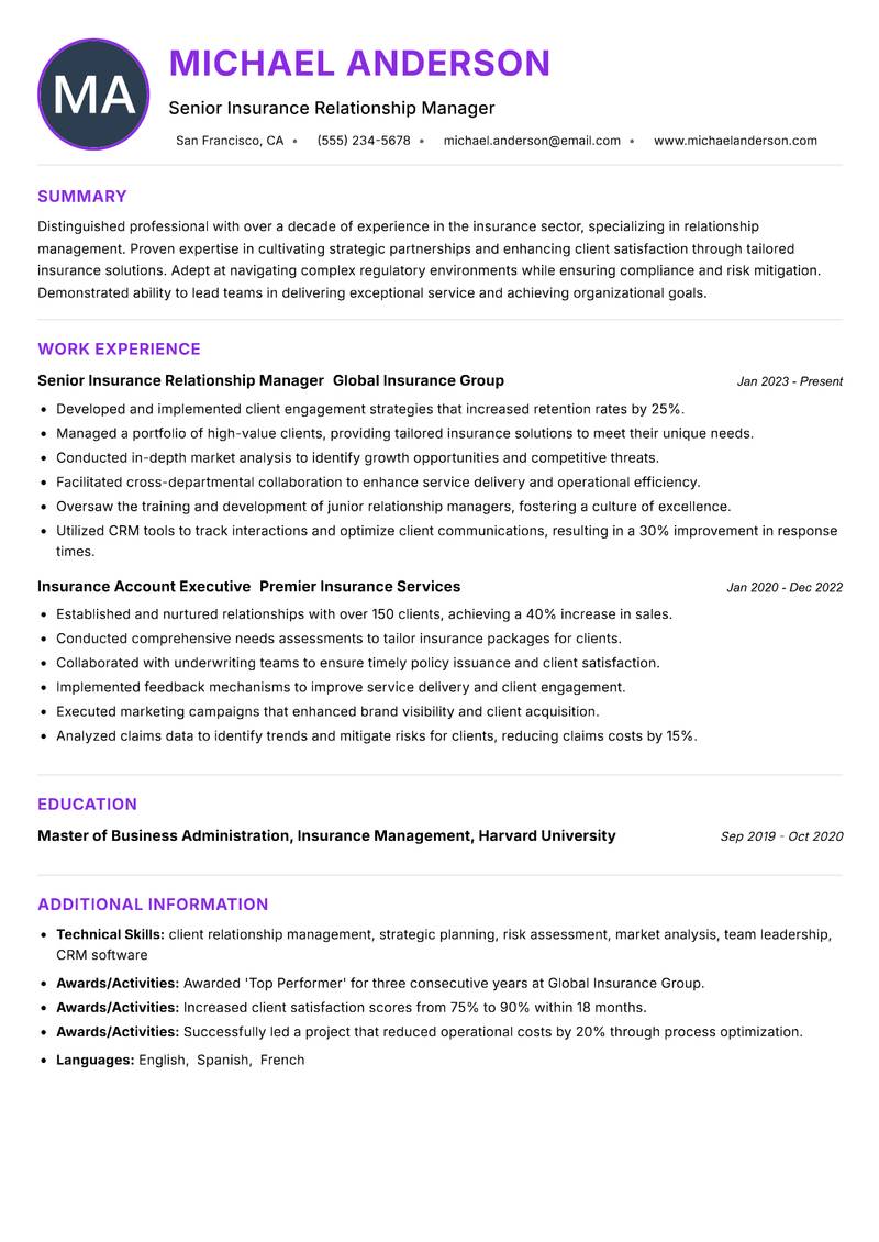 Insurance Relationship Manager resume example — ATS-friendly template
