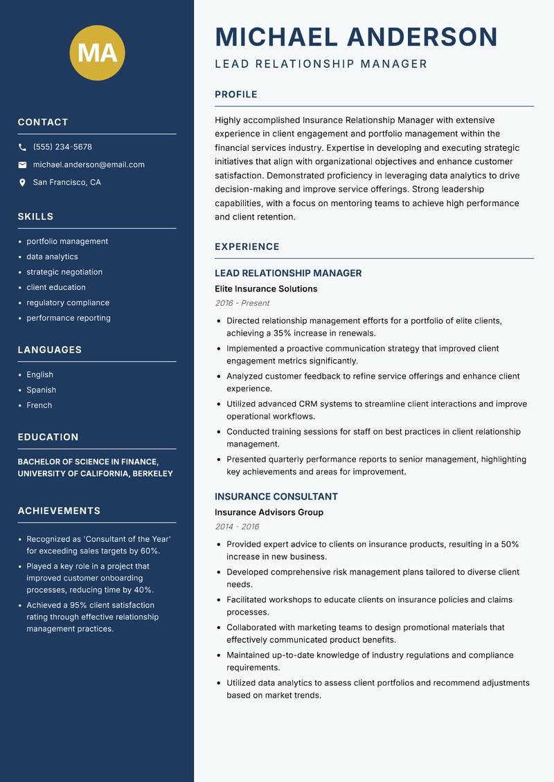 Insurance Relationship Manager resume template — Classic Clean