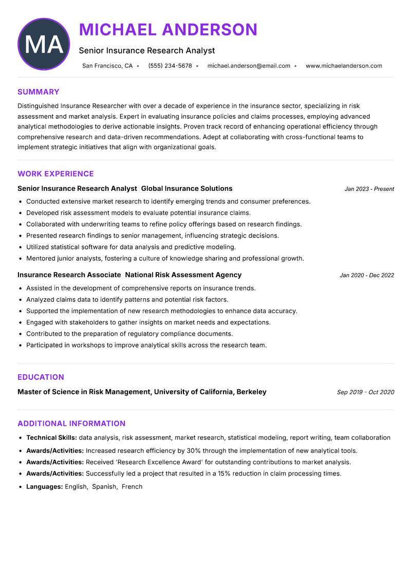 Insurance Researcher resume example — ATS-friendly template