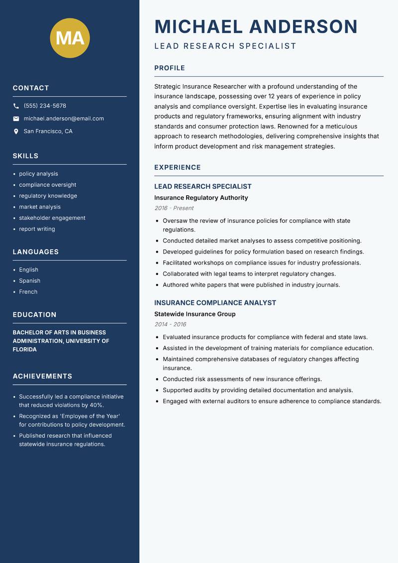Insurance Researcher resume template — Classic Clean