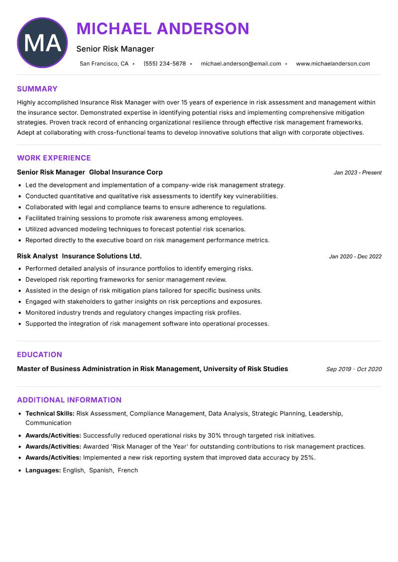 Insurance Risk Manager resume example — ATS-friendly template