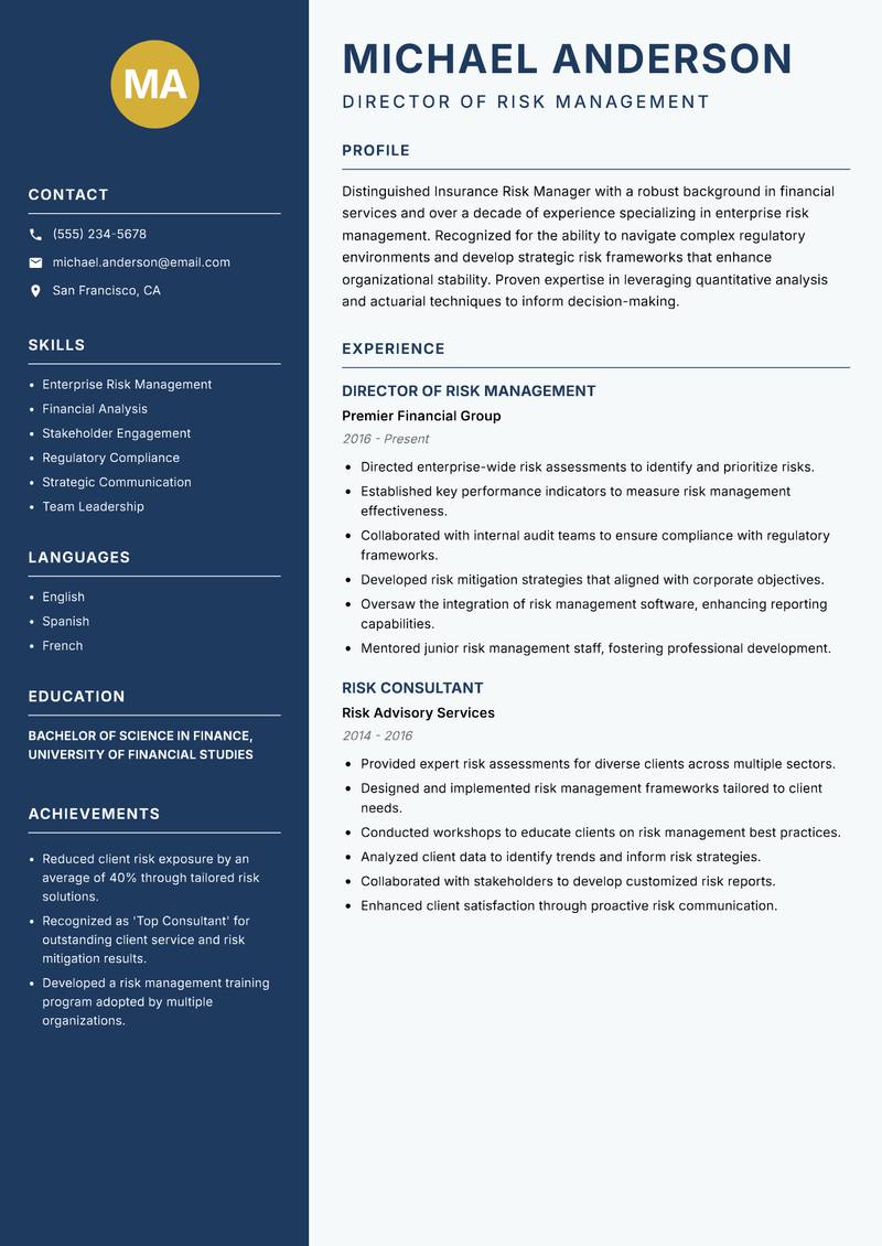 Insurance Risk Manager resume template — Classic Clean
