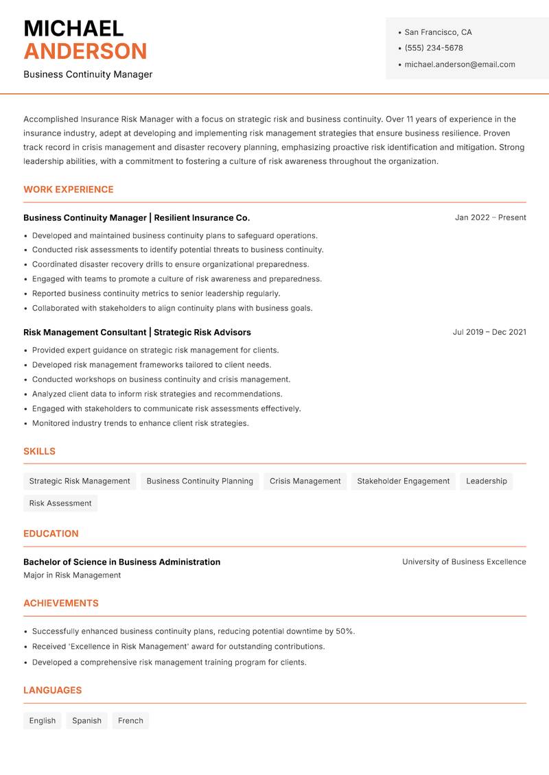 Insurance Risk Manager resume template — Modern Professional