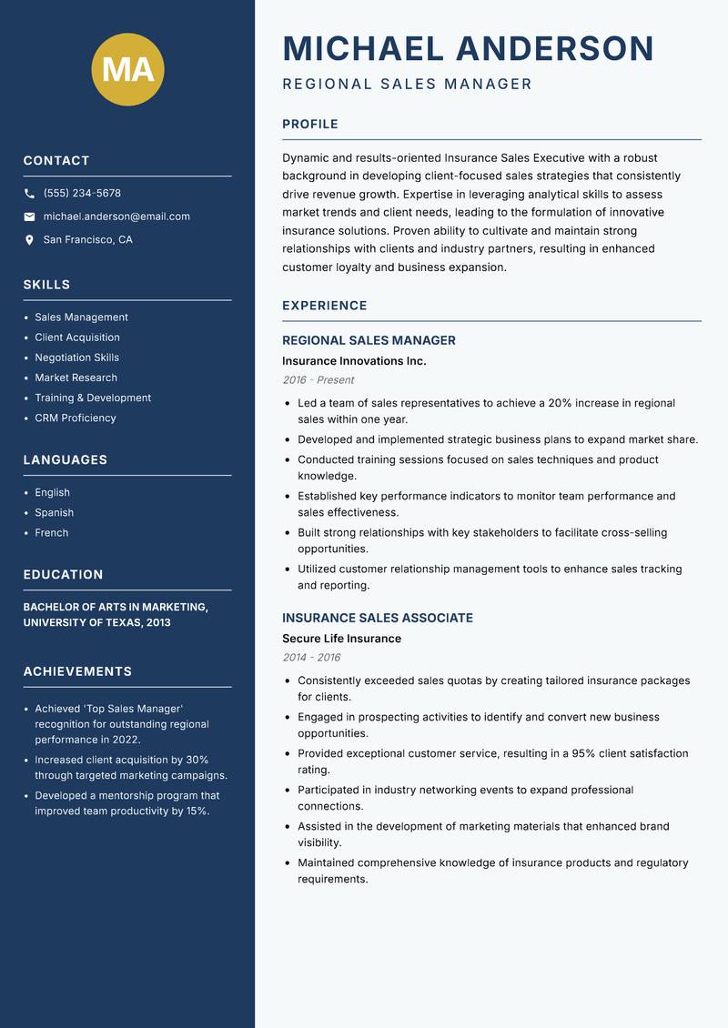 Insurance Sales Executive resume template — Classic Clean