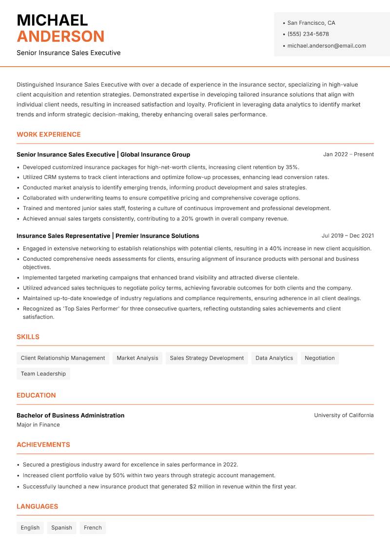 Insurance Sales Executive resume template — Modern Professional
