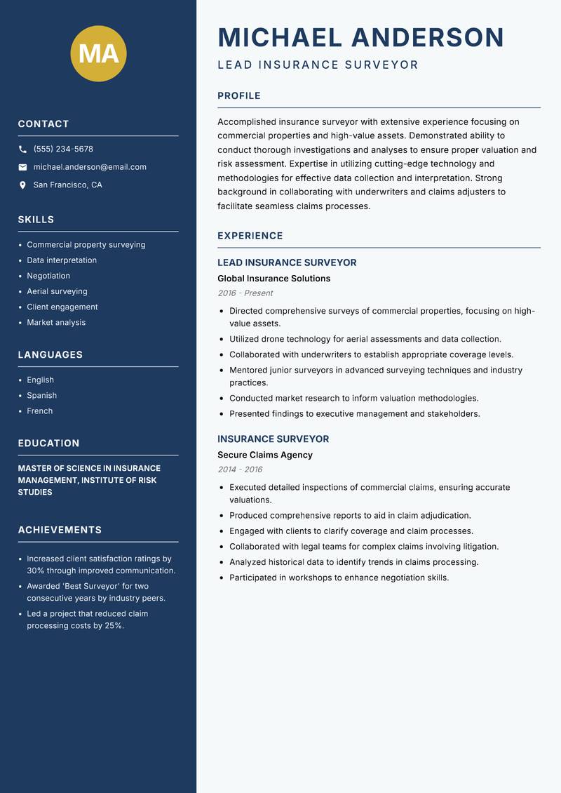Insurance Surveyor resume template — Classic Clean