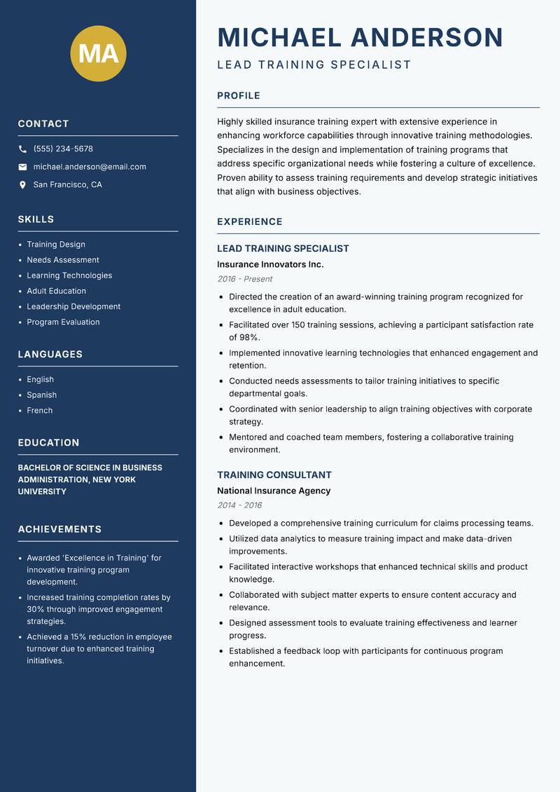 Insurance Trainer resume template — Classic Clean