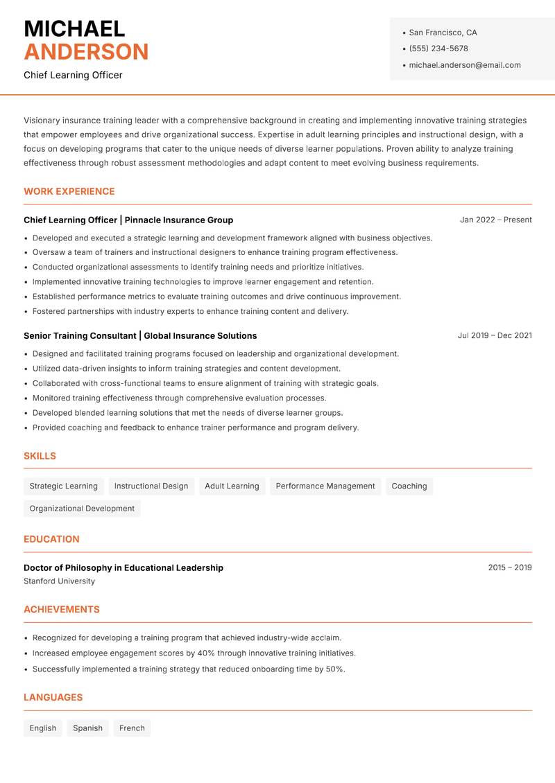 Insurance Trainer resume template — Modern Professional