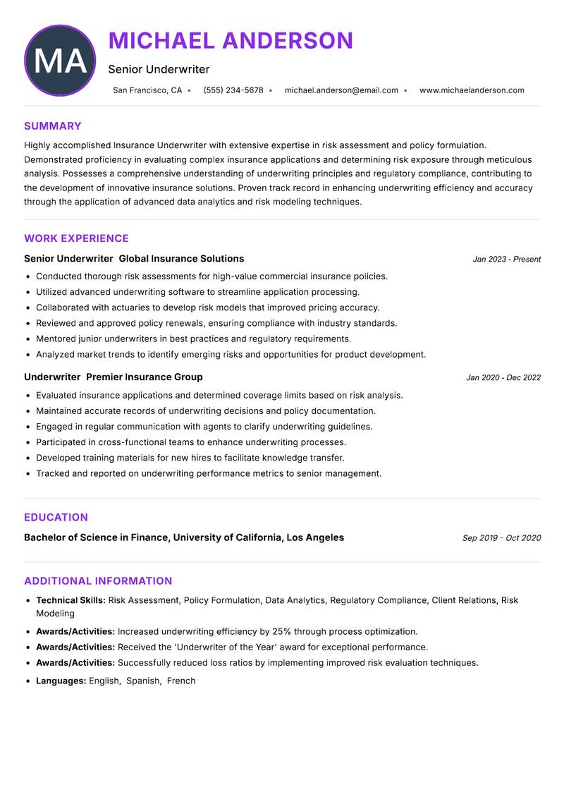Insurance Underwriter resume example — ATS-friendly template