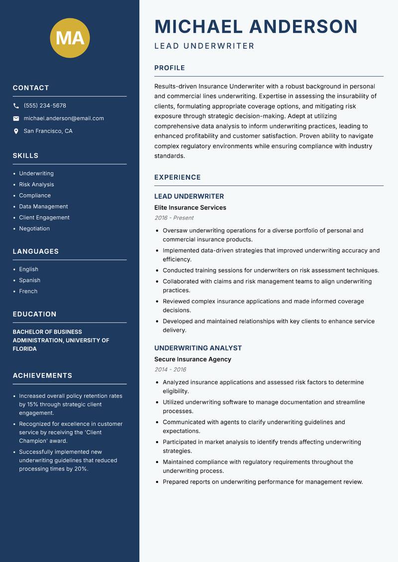 Insurance Underwriter resume template — Classic Clean