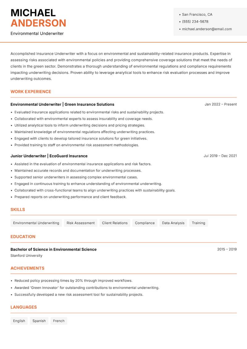 Insurance Underwriter resume template — Modern Professional