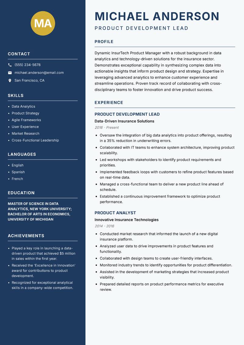 InsurTech Product Manager resume template — Classic Clean