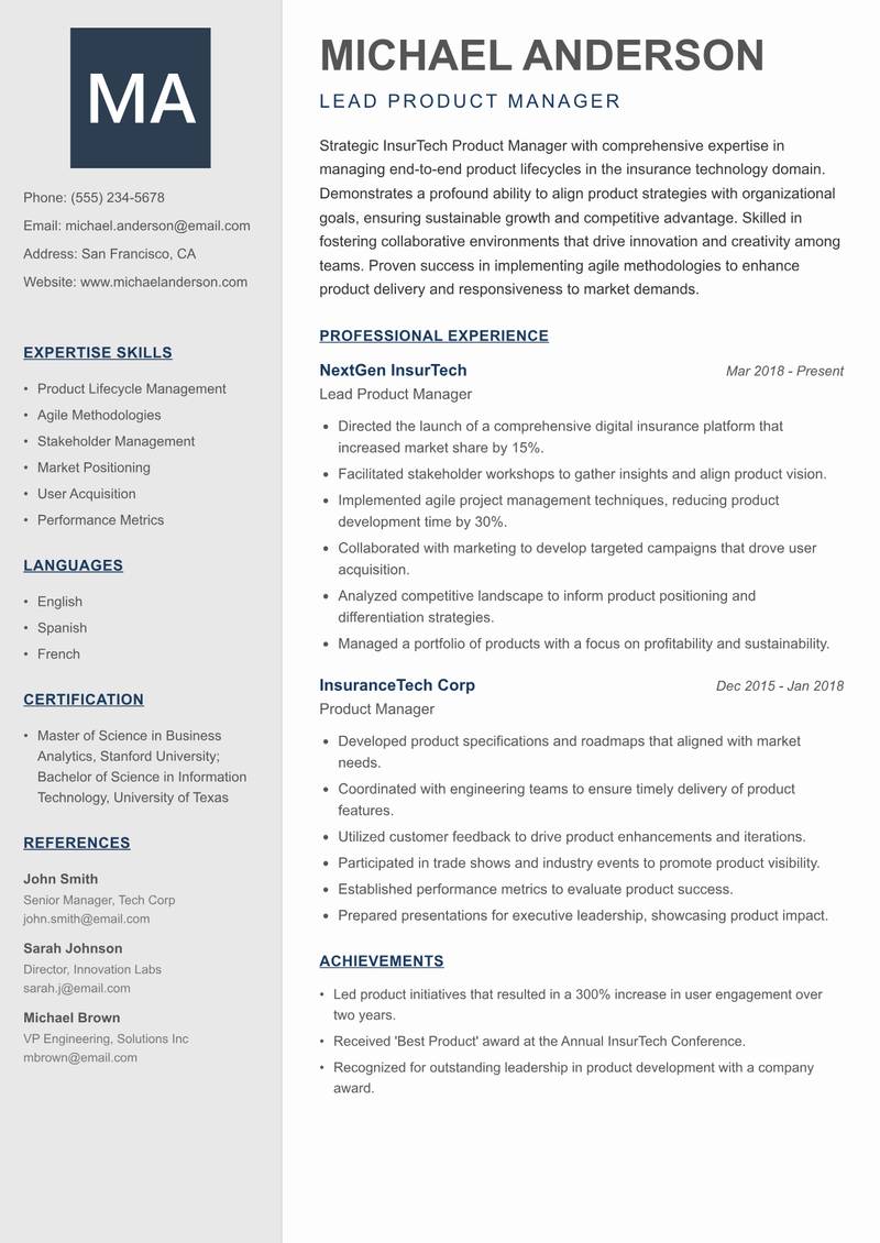 InsurTech Product Manager resume template — Creative Minimal