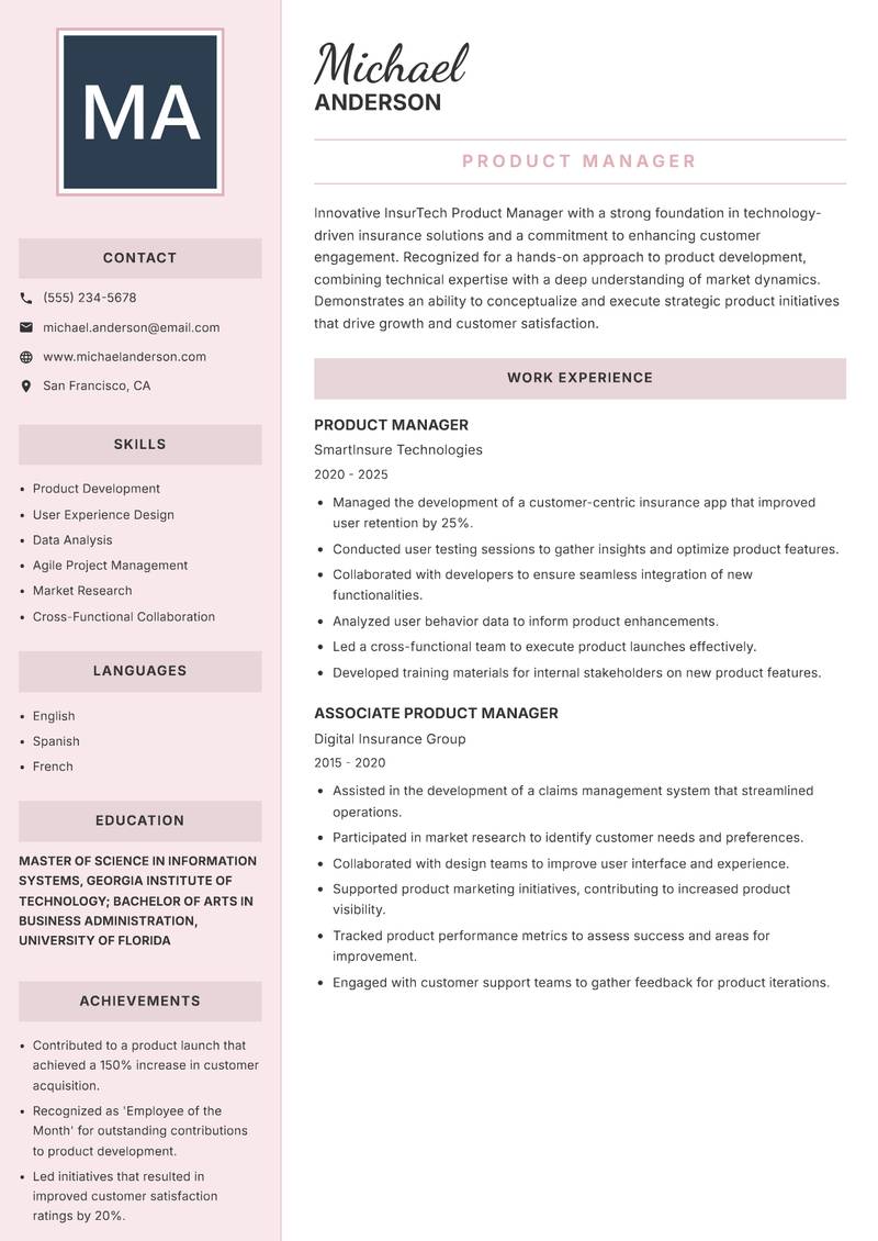 InsurTech Product Manager resume template — Executive