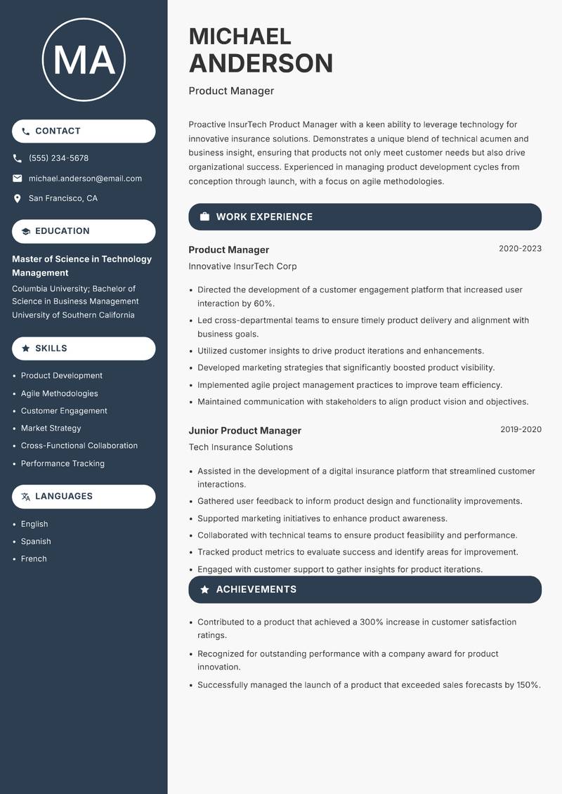 InsurTech Product Manager resume template — Compact