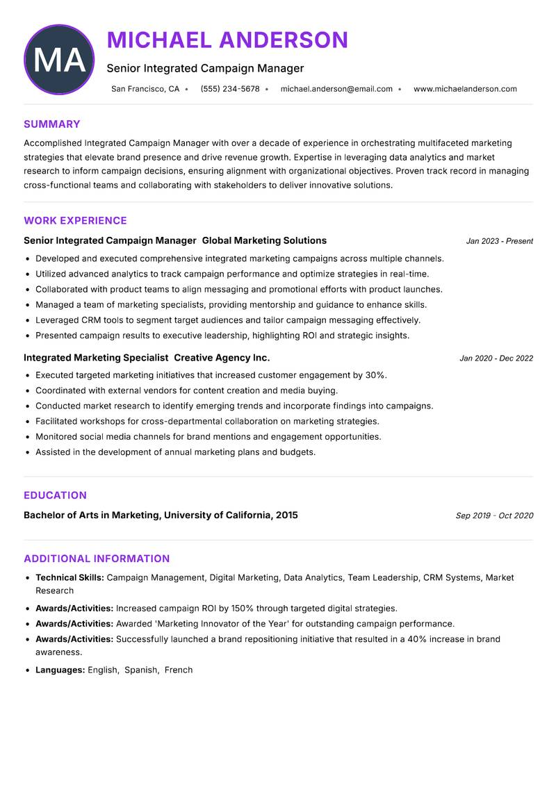 Integrated Campaign Manager resume example — ATS-friendly template