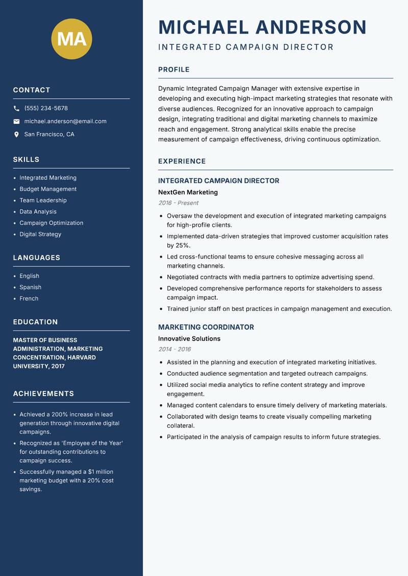 Integrated Campaign Manager resume template — Classic Clean