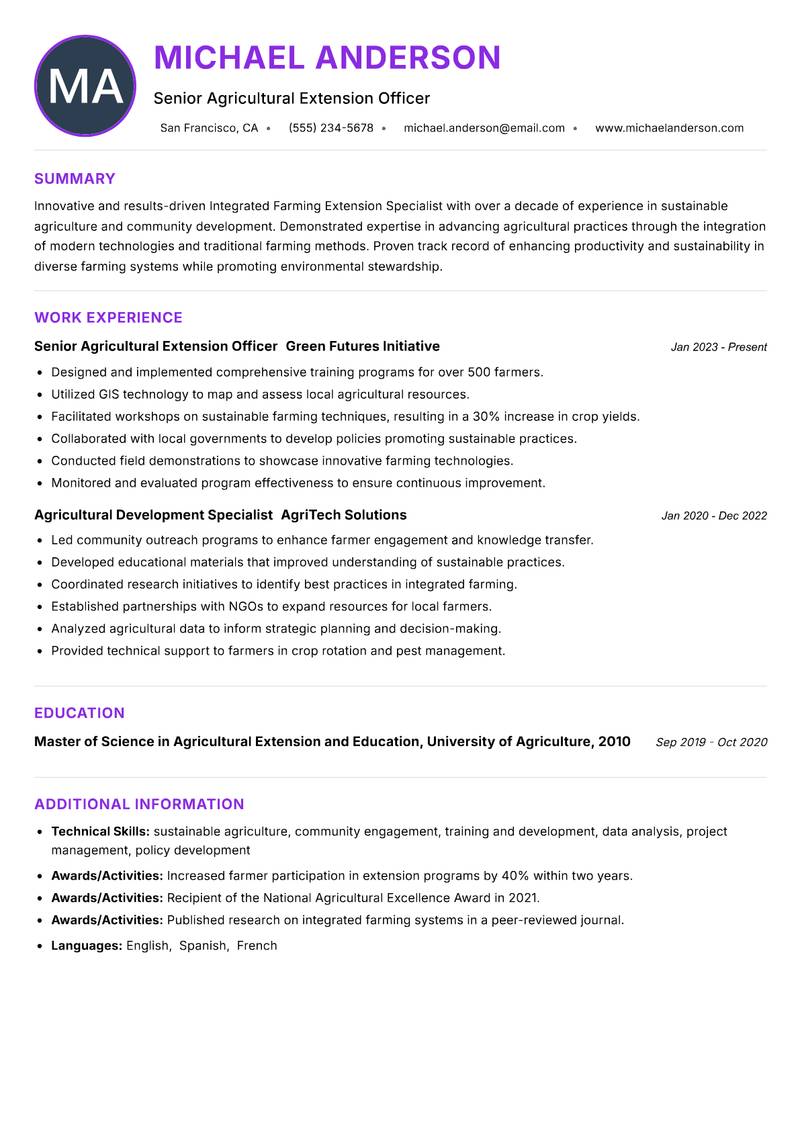 Integrated Farming Extension Specialist resume example — ATS-friendly template
