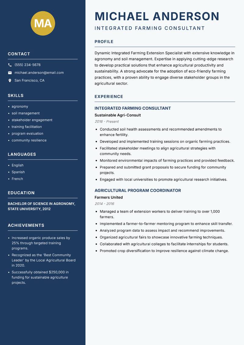 Integrated Farming Extension Specialist resume template — Classic Clean
