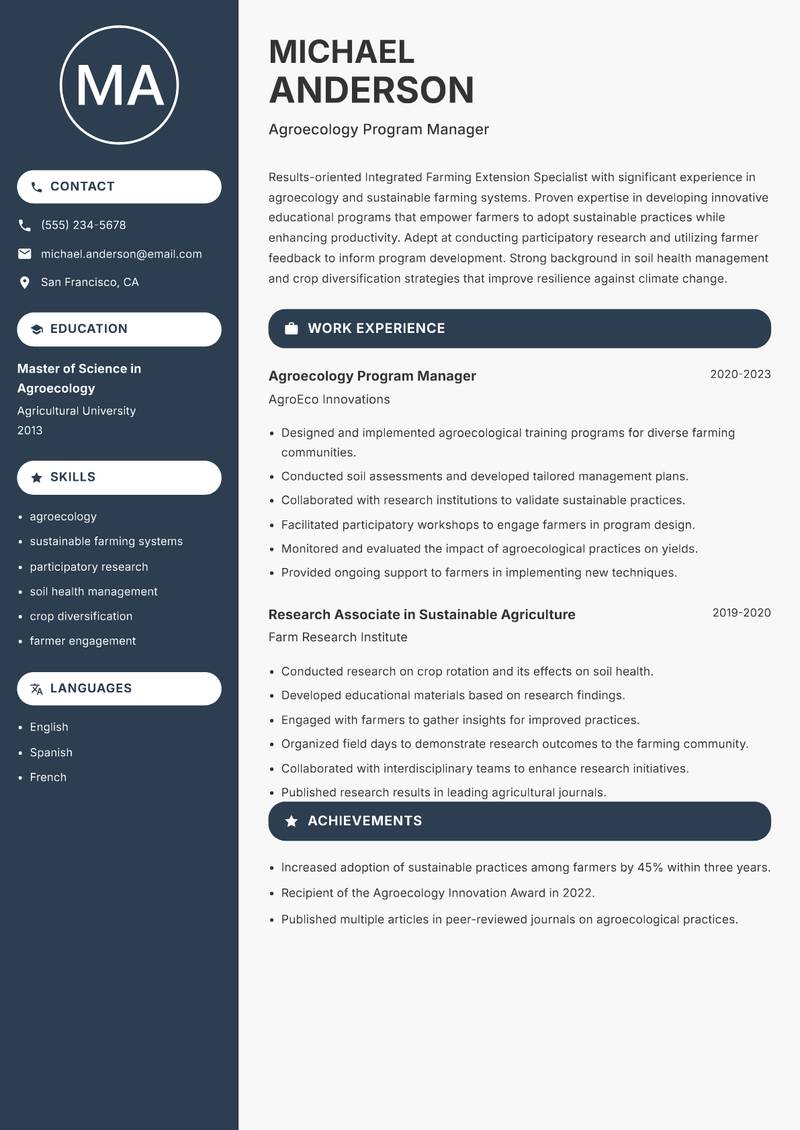 Integrated Farming Extension Specialist resume template — Compact