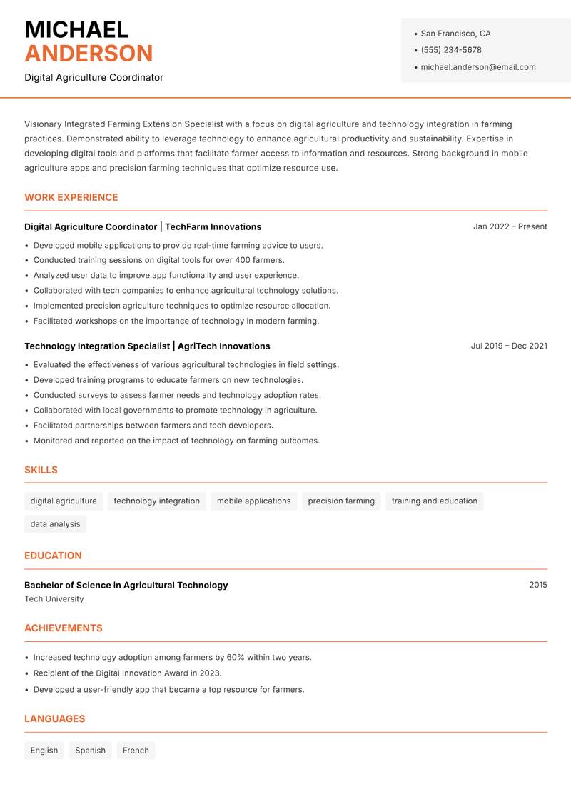 Integrated Farming Extension Specialist resume template — Modern Professional