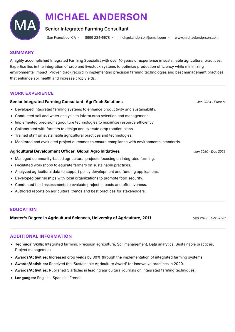 Integrated Farming Specialist resume example — ATS-friendly template