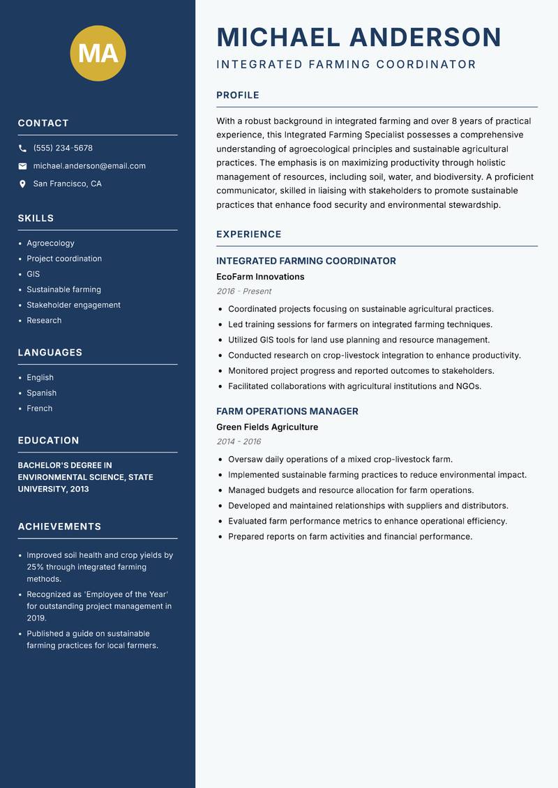 Integrated Farming Specialist resume template — Classic Clean