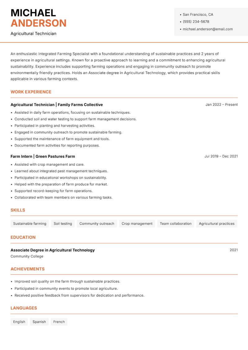 Integrated Farming Specialist resume template — Modern Professional
