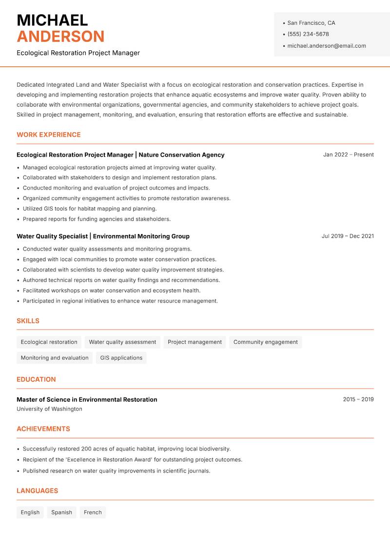 Integrated Land and Water Specialist resume template — Modern Professional