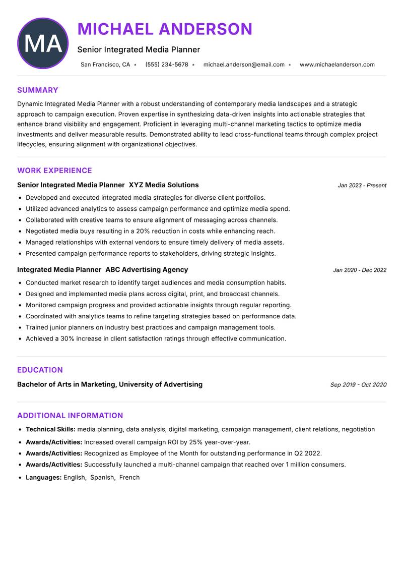 Integrated Media Planner resume example — ATS-friendly template