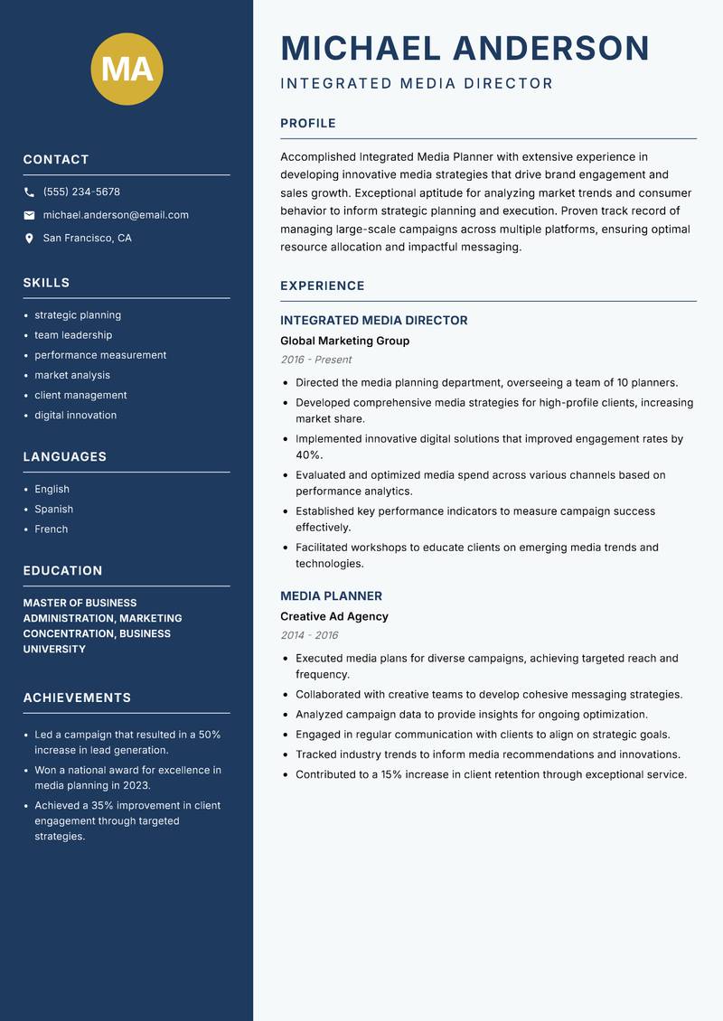 Integrated Media Planner resume template — Classic Clean