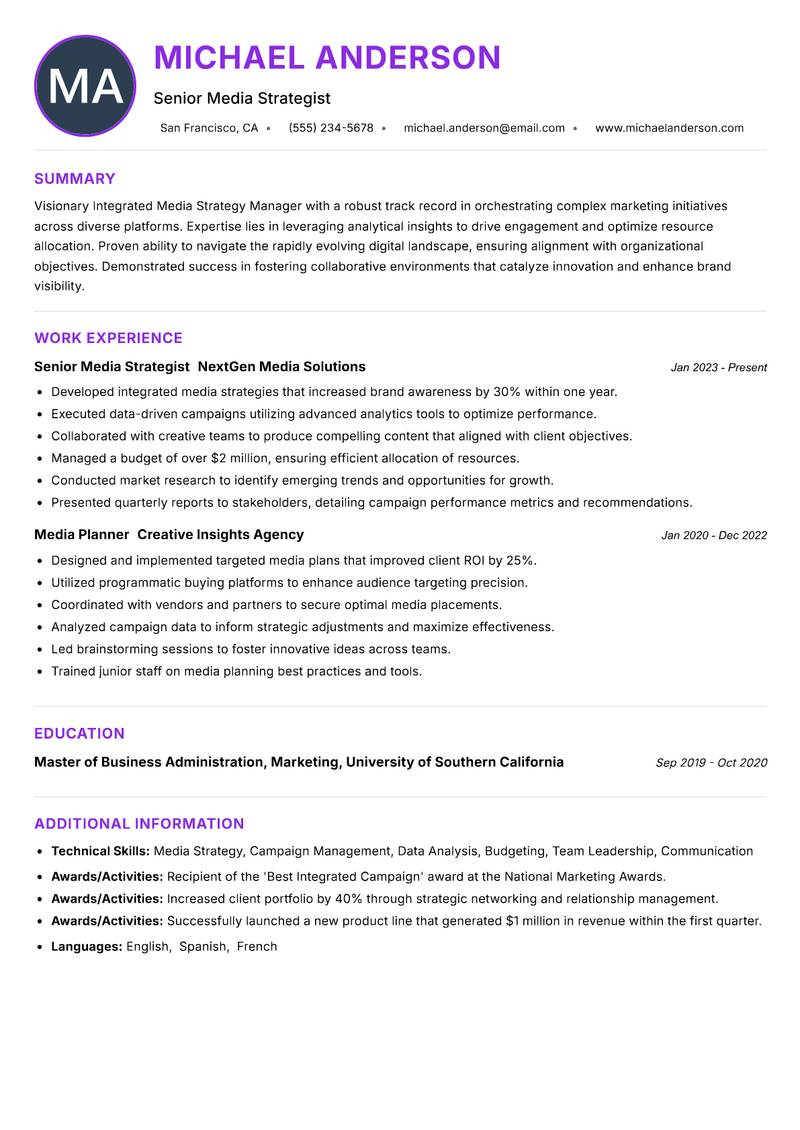 Integrated Media Strategy Manager resume example — ATS-friendly template