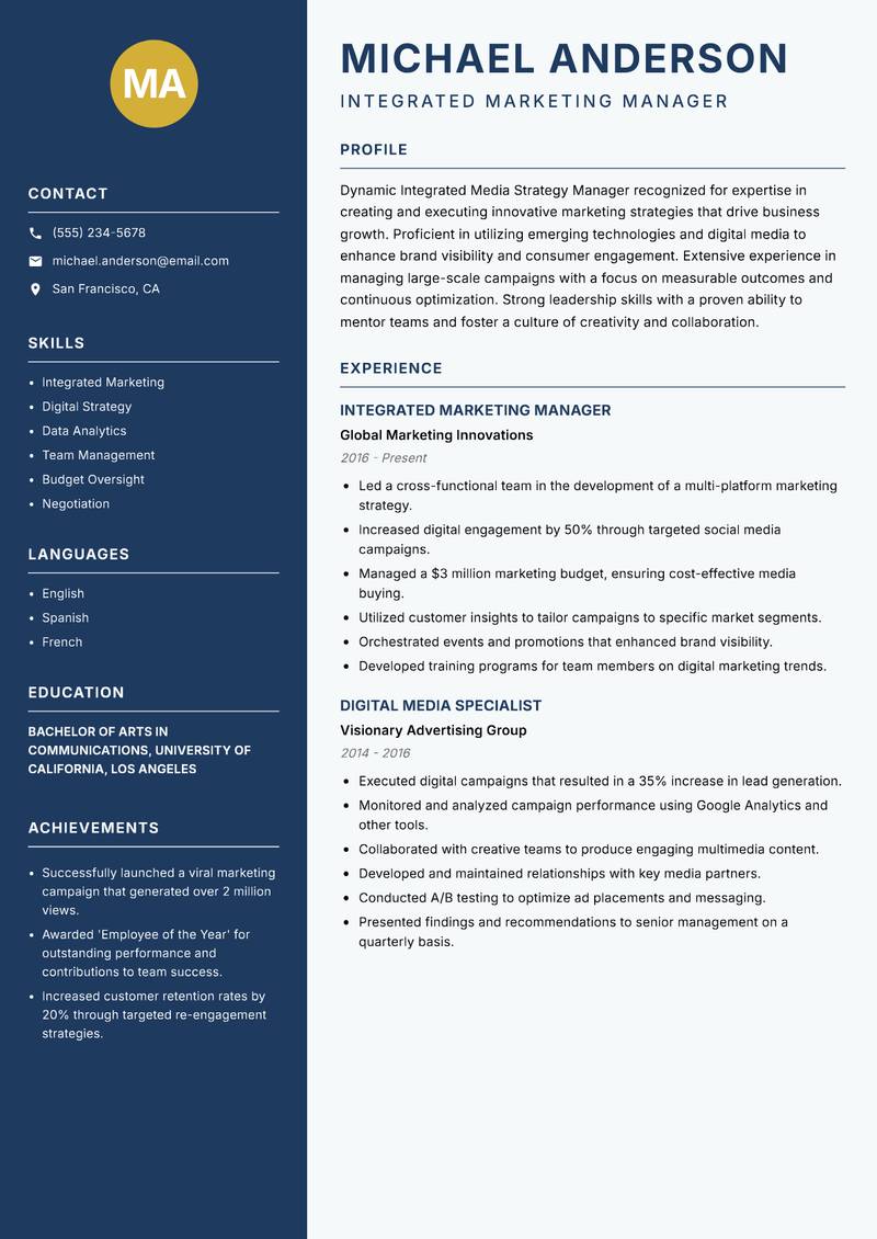 Integrated Media Strategy Manager resume template — Classic Clean