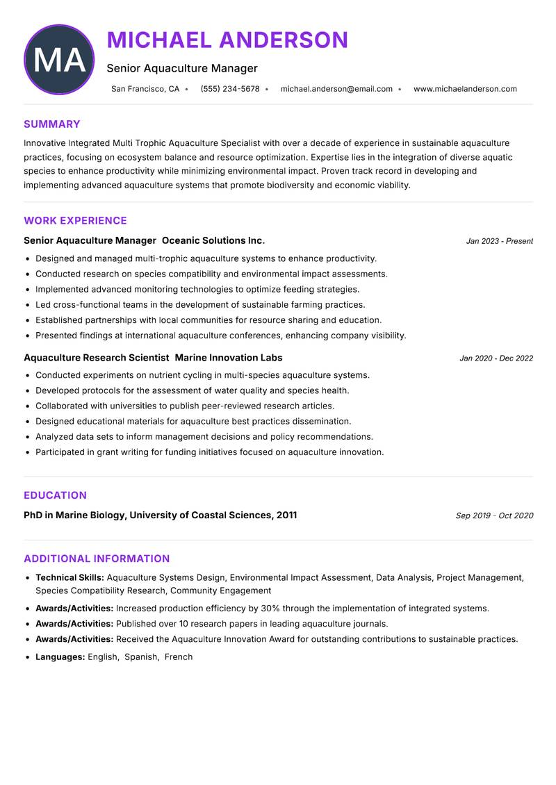 Integrated Multi Trophic Aquaculture Specialist resume example — ATS-friendly template