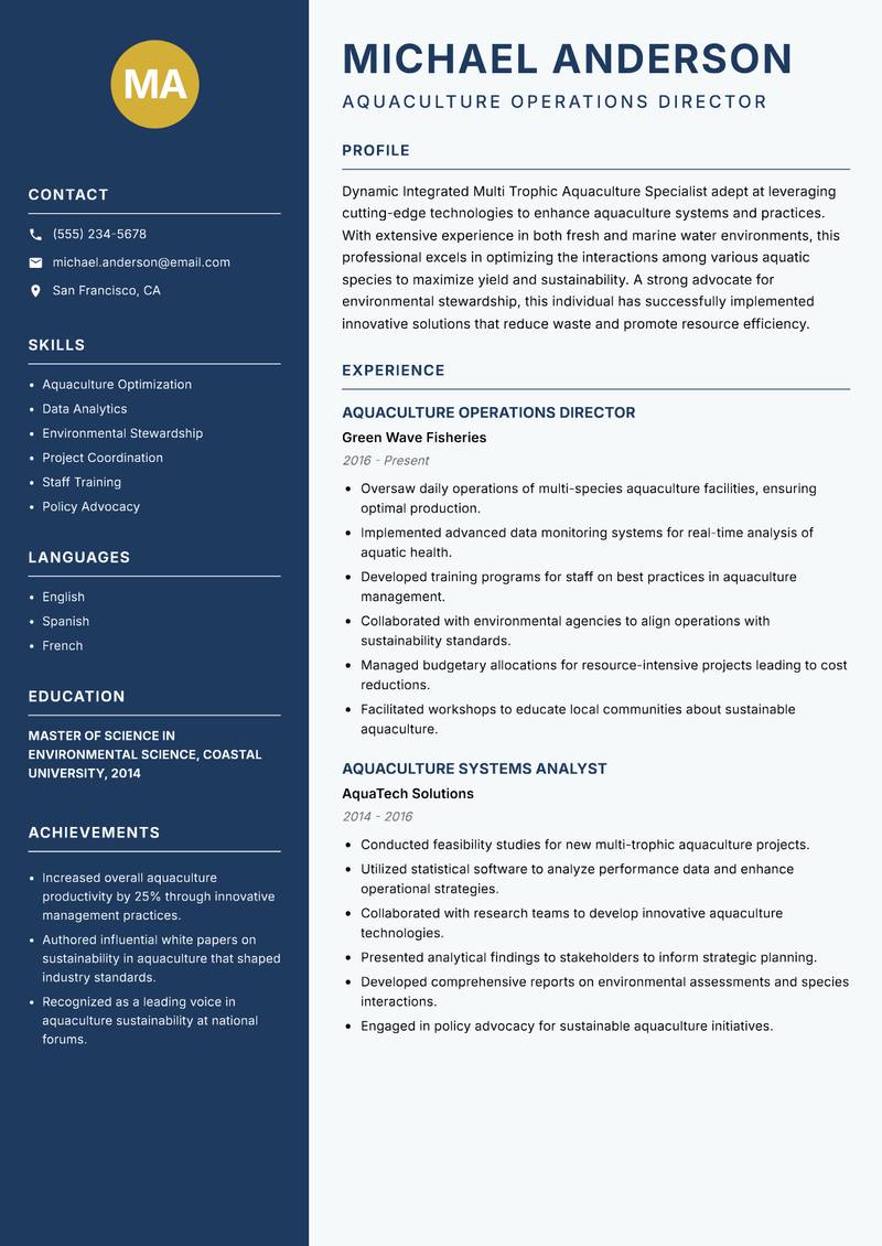 Integrated Multi Trophic Aquaculture Specialist resume template — Classic Clean