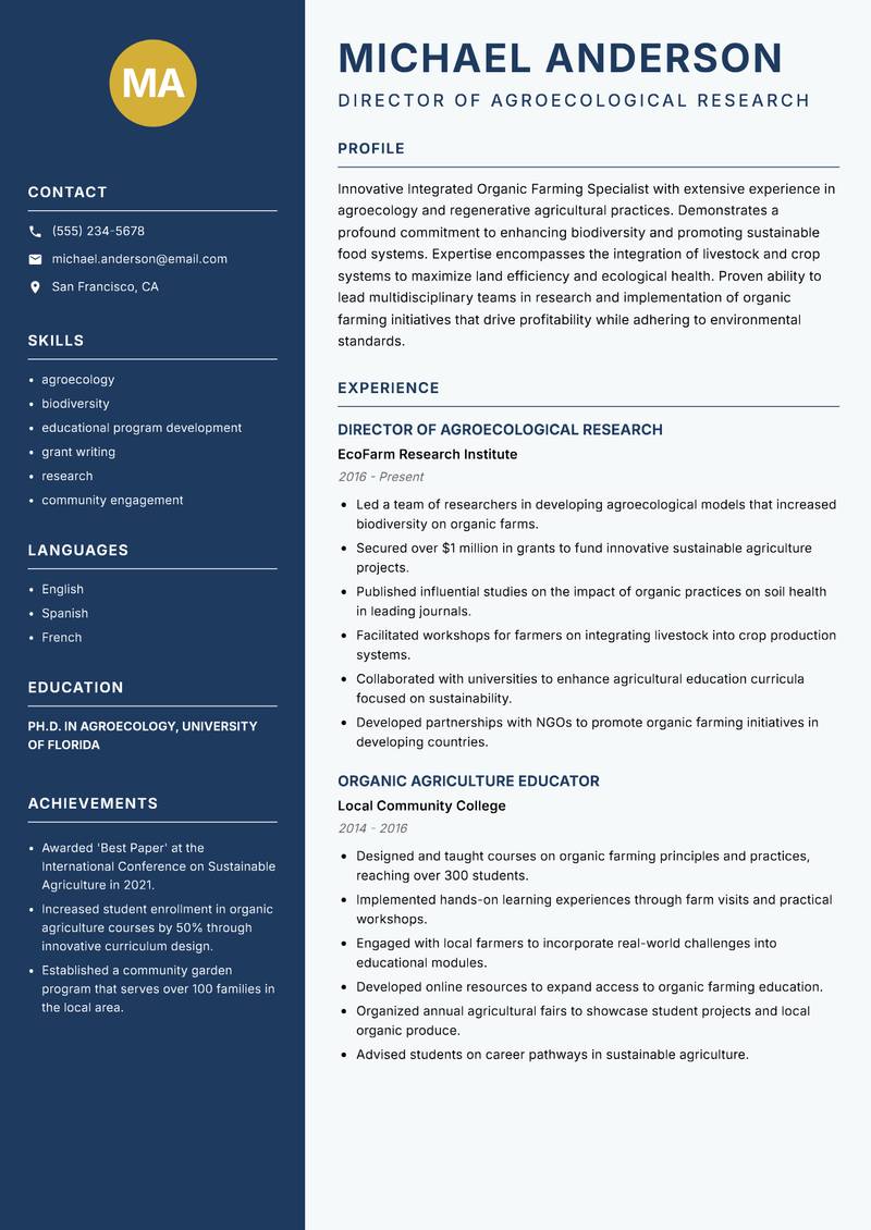 Integrated Organic Farming Specialist resume template — Classic Clean
