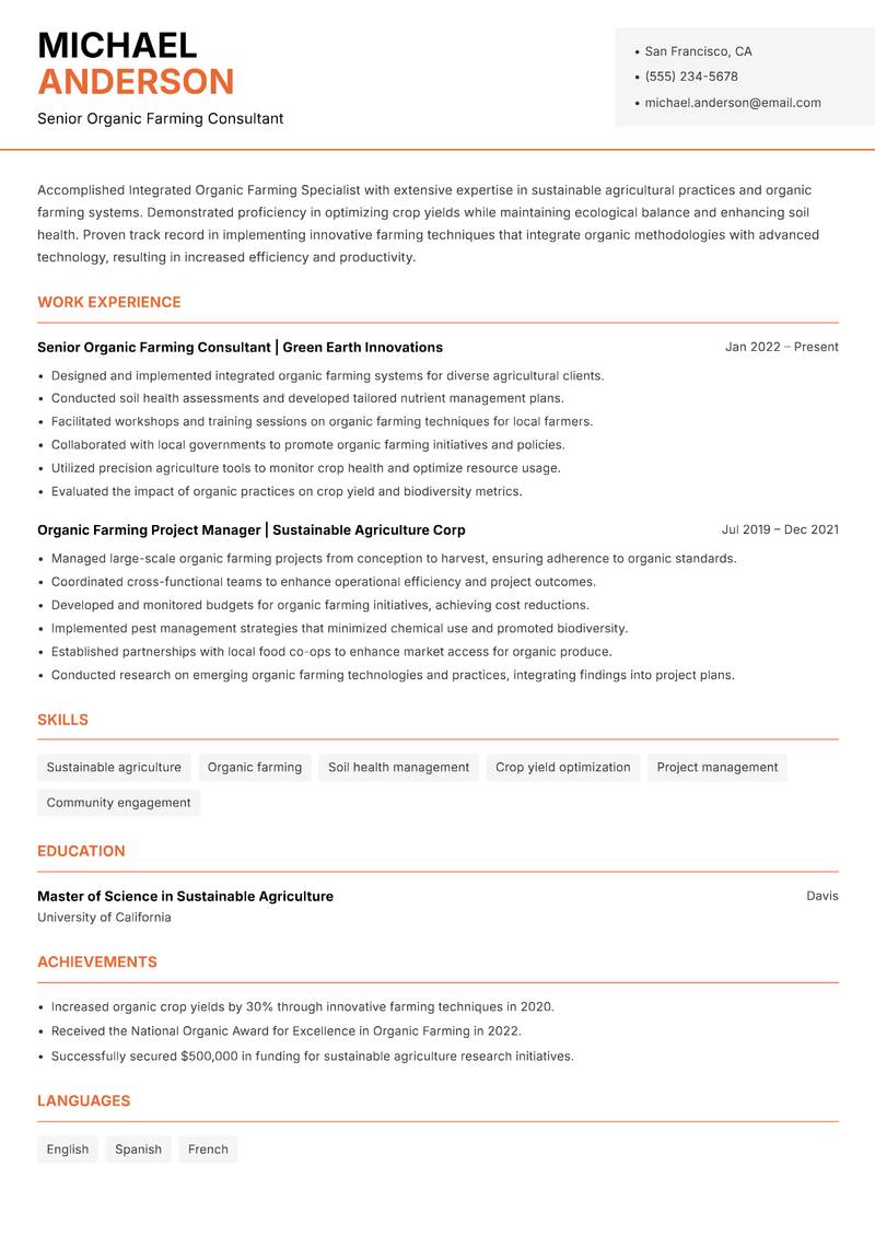 Integrated Organic Farming Specialist resume template — Modern Professional