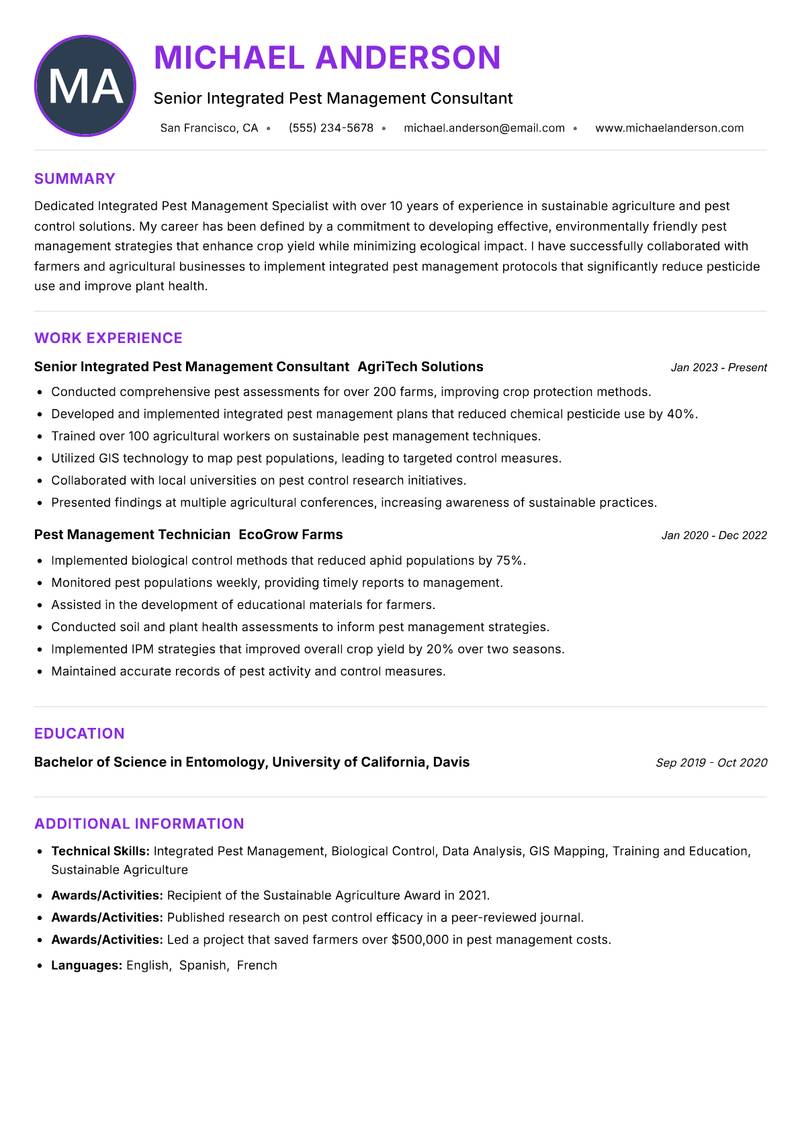 Integrated Pest Management Specialist resume example — ATS-friendly template